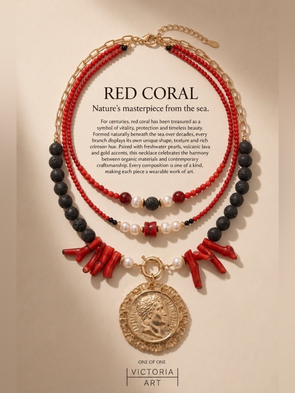 “Black lava, Red corals, Fresh water pearls “Necklace 3-Set